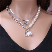 ( Silver necklace)occidental style  all-Purpose bronze snake chain Pearl coin necklace woman  two
