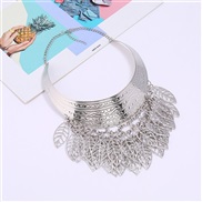 ( Silver)occidental style tassel necklace  retro exaggerating multilayer hollow eaf Metal Collar chain