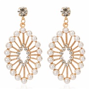 ( Gold)occidental style wind personality brief Round Alloy diamond embed Pearl geometry Round earrings arring woman F