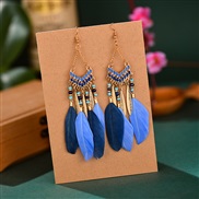 (   blue)sector tassel feather earrings woman long style Bohemia beads occidental style arring