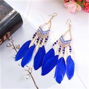 (   sapphire blue )sector tassel feather earrings woman long style Bohemia beads occidental style arring