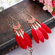 (   red)sector tassel feather earrings woman long style Bohemia beads occidental style arring