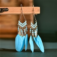 (    light blue )sector tassel feather earrings woman long style Bohemia beads occidental style arring