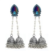 ( blue)Bohemian style Pearl tassel Double head earrings fashion eyes pattern long style Street Snap arring