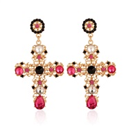 ( red)occidental style cross diamond earrings retro palace style hollow all-Purpose fresh earrings