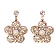 ( Gold)Korea big fashion brief personality Pearl diamond hollow flowers trend earrings Earring woman F
