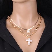 (Pearl   Gold)occidental style Double layer Pearl cross necklace  trend retroins brief snake chain sweater chain woman