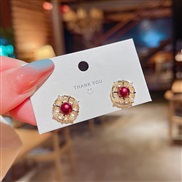 (A red )silver Korean style flowers Pearl earrings woman same style brief temperament ear stud arring