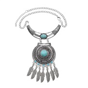 ( blue)Bohemia fashion Alloy necklace pattern mosaic turquoise feather tassel ethnic style