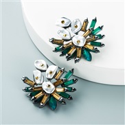 ( green)personalityins Alloy diamond color natural Pearl flowers earrings woman retro