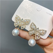 ( Gold)D hollow bow earrings woman Pearl diamond silver sweet butterfly earring wind