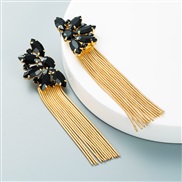 ( black)Korean styleins wind Alloy mosaic color Rhinestone flowers long style tassel earrings woman occidental style exa