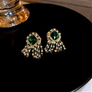 ( Silver needle green)silver Korea samll earrings retro crystal diamond tassel ear stud temperament creative Earring