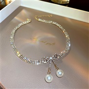 ( necklace Gold)Korea fashion Pearl diamond bow necklace shine temperament Collar Ladies wind clavicle chain woman