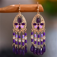 (E purple)  gilded long style tassel earrings woman  retro flowers enamel Bohemia chain earring