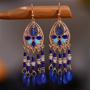 (E  blue)  gilded long style tassel earrings woman  retro flowers enamel Bohemia chain earring