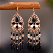 (E  black)  gilded long style tassel earrings woman  retro flowers enamel Bohemia chain earring