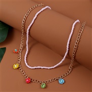 ( Pink)Bohemia handmade weave beads flowers multilayer necklace occidental style ins creative trend chain