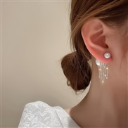( Silver needle Gold)silver Korea big personality style two Pearl diamond tassel earrings earring Earring woman