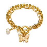Ins wind fashion butterfly pendant Double layer beads chain Anklet Pearl gold chain Anklet