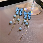 ( Silver needle blue)silver Korean style tassel super brilliant style two diamond crystal bow earrings earring Earring w