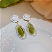 ( Silver needle green)silver Korea elegant retro earrings Opal Pearl resin flowers drop ear stud Earring