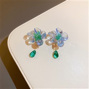 ( blue)Acrylic flowers Ear clip Japan and Korea brief temperament retro earrings small fresh woman