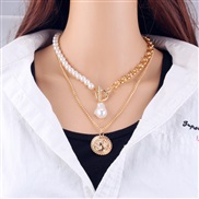 ( necklace  Gold)occidental style  Pearl Pearl retro woman multilayerO buckle two necklace