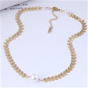 fine Korean style fashion concise all-Purpose leaves Pearl titanium steel short style necklace