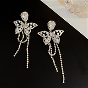 ( Silver needle Gold)silver Pearl diamond drop butterfly earrings Korean style tassel super hollow woman temperament ear