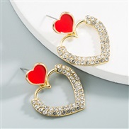 ( red)Korea big temperament big samll heart-shaped Rhinestone earrings woman Alloy enamel personality retro Earring