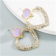 (purple)Korea big temperament big samll heart-shaped Rhinestone earrings woman Alloy enamel personality retro arring