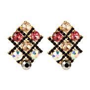 ( Color)Korea big star same style geometry color Rhinestone earrings fashion personality silver ear stud