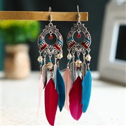 (E  Color)ethnic style hollow long style feather earrings Bohemia wind leaves arring color enamel