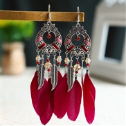 (E  Burgundy)ethnic style hollow long style feather earrings Bohemia wind leaves arring color enamel