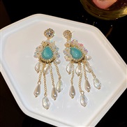 ( Silver needle light blue )silver occidental style diamond crystal Pearl tassel earrings long style pendant temperament