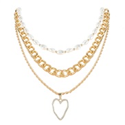 ( Gold)occidental style temperament Pearl chain gold Peach heart pendant necklace   Street Snap women multilayer