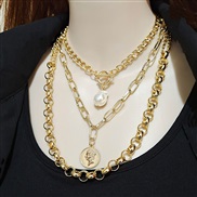 (Pearl   Gold)occidental style punk wind Street Snap coin pendant Metal exaggerating chain butterfly multilayer necklace