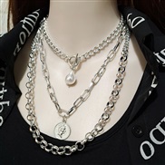 (Pearl   Silver)occidental style punk wind Street Snap coin pendant Metal exaggerating chain butterfly multilayer neckla