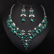 ( green)  occidental style exaggerating crystal Pearl gem necklace earrings set bride banquet