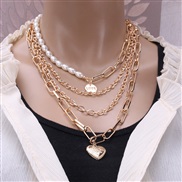 ( necklace  Gold)occidental style necklace retro temperament personality chain Pearl chain natural brief Double layer lo