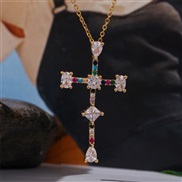 ( Color)retro trend geometry bronze embed Zirconium cross necklace occidental style  creative gold