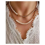 ( Gold)fashion Bohemian style Pearl necklace Alloy multilayer woman  occidental style