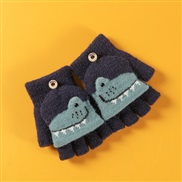 (Children /students )( Navy blue)Autumn and Winter warm half velvet student lovely cartoon knitting woolen glove