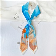 (   blue )imitate silk flowers print Korean style belt summer silk scarves women dress neckerchief all-Purpose bag belt