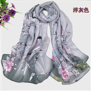 (  gray)Chinese style print Chiffon scarves  spring autumn Sunscreen flower wind scarves Q