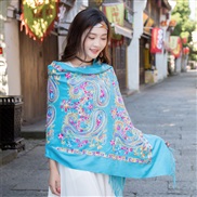 (sky blue )Autumn and Winter embroidery imitate sheep velvet scarf woman  ethnic style shawl warm tassel sheep velvet s