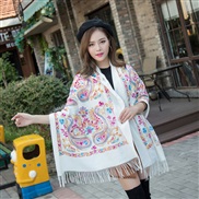 (Rice white )Autumn and Winter embroidery imitate sheep velvet scarf woman  ethnic style shawl warm tassel sheep velvet