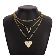 ( Gold) exaggerating geometry love chain  imitate Pearl Rhinestone embedV Word punk necklace