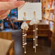 (Egold )silver long style tassel Pearl earrings all-Purpose temperament samll ear stud same style Earring